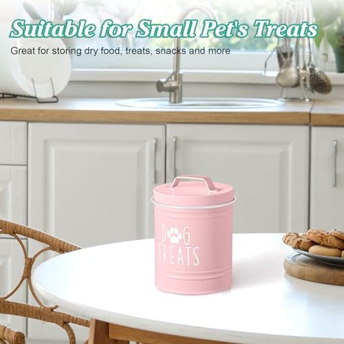 OUTNILI Pink Small Dog Treat Container Airtight - 6" Tall X 4.9" Round Pink Dog Treat Jar for Kitchen Counter - Rustic Treat Storage Canister for Dogs, Cats, Small Animals - Gifts for Pet Owners