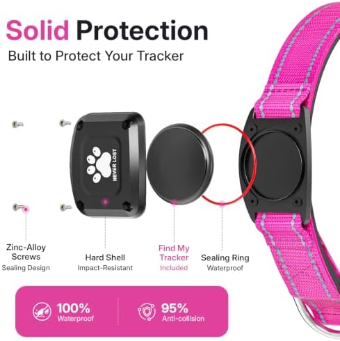 GPS Dog Collar with Tracker, Waterproof, No Monthly Fee, Hot Pink, S | Works with Apple Find My, iOS Only, MFi Certified, No SIM Card, for Small Dogs, Reflective Padded Nylon, Neck 12.5-16 in