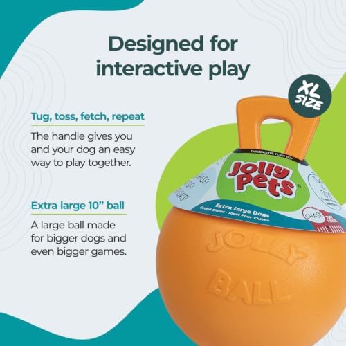 Jolly Pets Tug-n-Toss Heavy Duty Dog Toy Ball with Handle, 10 Inches/X-Large, Orange, Large Breeds