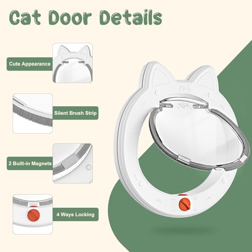 Cat Door with 4-Way Lock, Cat Door for Exterior Door with Magnetic Flap, Weatherproof Pet Door for Interior Door, White