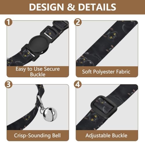 Black Cats Yellow Eyes Metal Bell Included Pet Collar 2 Pack Pet Collars for Cats