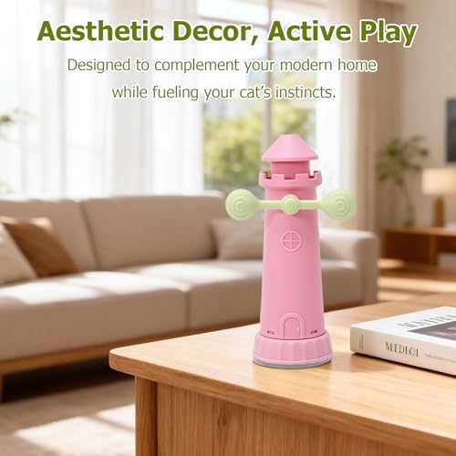 Interactive Cat Toys for Indoor Cats, Windmill Feather Cat Teaser Wand, Bouncy Kitten Toys with Strong Suction Cup Base for Bored Felines & Self-Played Enrichment Pink