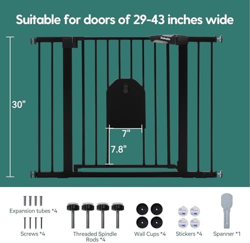 Babelio Auto Close Dog Gate with Cat Door, CatPrivilege I, 29-43" | Safety Gate for Doorway & Stairs, Easy Walk Thru with Pet Door, Includes 4 Wall Cups and 3 Extension Pieces, Black