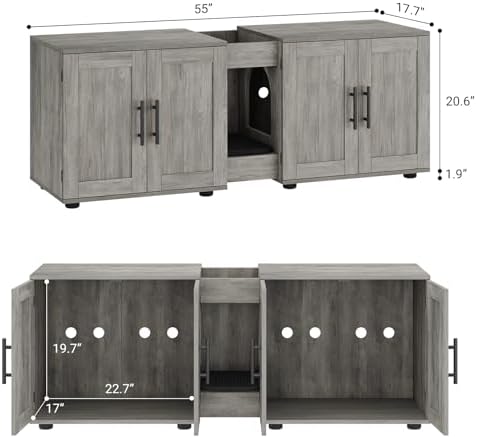 Cat Litter Box Enclosure for 2 Cats,55" Large Hidden Litter Box Furniture with Barn Door & Double Rooms,Modern Indoor Pet House TV Stand Side Table,Cats Washroom,for Bedroom Living Room,Grey
