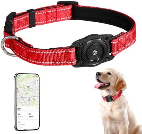 Tracking Collar for Dogs Waterproof Adjustable Air Tag Dog Collar Holder, Comfortable Dog Collars for Small Medium Large Dogs (Red, L)