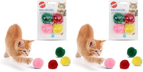SPOT Wool Pom Poms Cat Toy - Interactive Wool Balls Cat Toy with Catnip for Cats and Kittens to Bite, Swat and Chase - 1.5 inch, 4 pcs (Pack of 2)