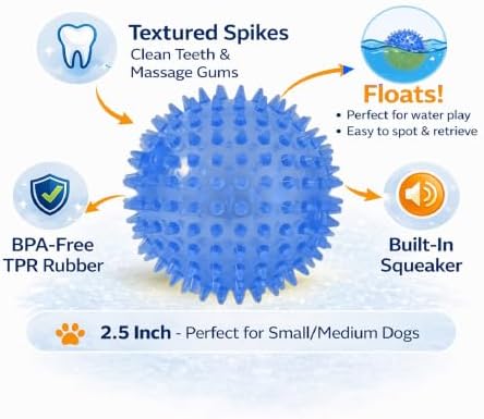 Squeaky Spiky Dog Balls for Teeth Cleaning & Gum Massage 2.5 Inch Small Medium Dogs Blue | Spiny TPR Rubber Chew Toys for Fetch Play Interactive Bouncy Dental Balls BPA Free Nontoxic Floats - 3 Pack