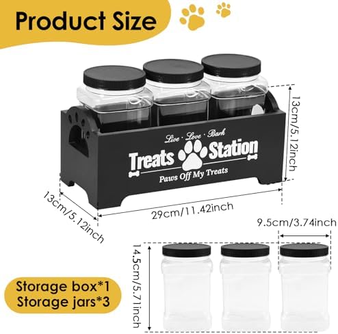Dog Treat Container, Dog Food Storage Container with 3 Plastic Treat Jars, Wood Countertop Dog Treat Holder, Reusable Dog Treat Storage Organizer, Pet Food Container for Dogs Cats (black)
