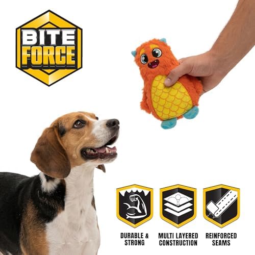 Bite Force - Durable & Strong Dog Toy Orange Monster with Squeaker, Kevlar-Reinforced for Aggressive Chewers.