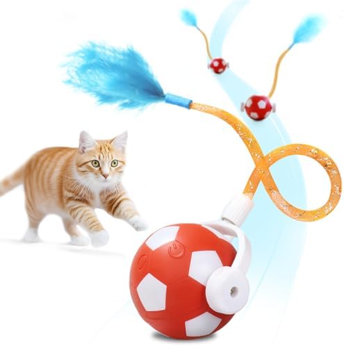 Interactive Cat Toys with Feather Snappy Tail for Bored Indoor Adults Cats, Safe Rolling Toys Ball with 3 Models, Automatic Cats Toy for Any Floor, Electric Moving Cat Enrichment Toy