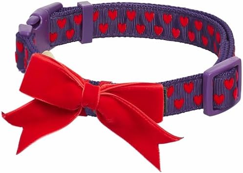 Blueberry Pet Adjustable Flocking Dog Collar with Detachable Velvety Bowtie - Heart in Gothic Grape, Small, Neck 12"-16"
