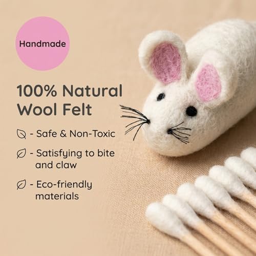 Glaciart One Cat Qtip Toy Set, Felt Mice Cat Toy & Cotton Swab Cat Toy, Wool Felt Cat Toys for Indoor Cats