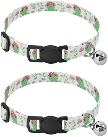 Cute Green Frogs Mushroom Metal Bell Included Cat Collar 2 Pack Collars for Cats