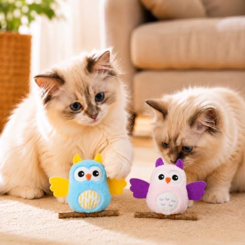 DODODOLA 2 PCS Interactive Cat Toys for Indoor Cats Owl Kitten Toys with 100% Pure Organic Catnip and Movable Silvervine Sticks Kittens Kitty Anxiety Relief Soft Cute Teething Chew Toys (Blue+Pink)