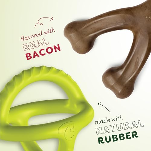 Bundle of Benebone Wishbone Durable Dog Chew Toy for Aggressive Chewers, Real Bacon, Made in USA, Medium + Benebone Natural Rubber Tug Interactive Dog Toy, Natural Rubber