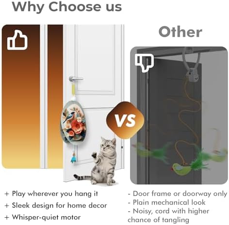 Interactive Cat Toys for Indoor Cats, Automatic Concealed Hide and Seek Hanging Feather Cat Toy, Rechargeable Motion-Activated Enrichment Toys for Bored Adult Cats (Bird & Flowers Pattern）