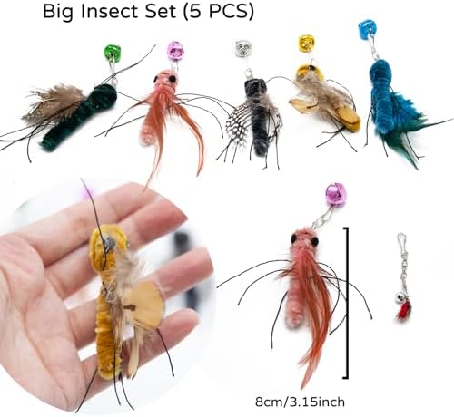 5 Pcs Realistic Cat Insect Toys for Wand Toy Refills, Interactive Feather Bug Toy Attachments with Bells for Indoor Cat Enrichment & Hunting Instincts, Ideal Exercise & Boredom Relief for Kittens