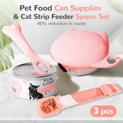 BAEJMJK Silicone Cat &Dog Food Can Cover Lid and Spoon With One Cat Strip Feeder 3Pcs Pet Cats Supplies Set Cute Shape Cats Wet Food Spoon(Opener/Spatula) Universal Can Cover（Pink）