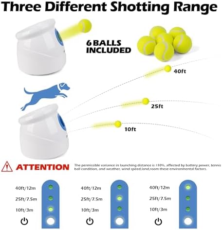 Pet Prime Dog Automatic Ball Launcher for Large Dogs Ball Thrower Machine Outdoor Indoor Use Interactive Dog Toy Adjustable Distance 10-40ft - Included 6 PCS 2.5” Tennis Balls and a Whistle