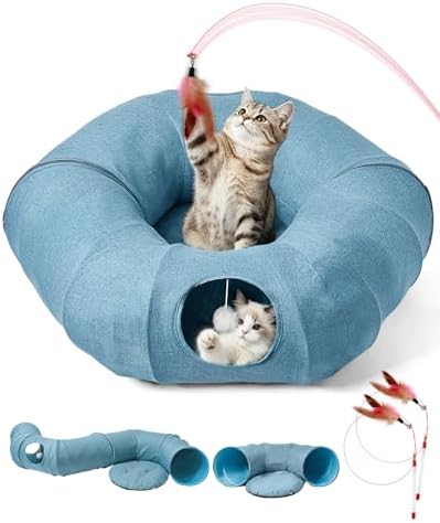 Odoland Linen Cat Tunnels with Central Cat Bed, Interactive Cat Toys Detachable Washable Soft Mat Large Indoor Play Tunnel Cave for Kittens and Small Animals