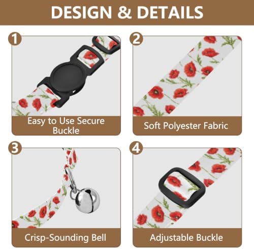 Red Poppy Flowers Green Leaf Cat Collars 2 Pack for Puppies Adjustable Length 10.6" to 17.1"