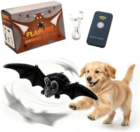 Interactive Flying Bat Dog Toy, Flapping Wings Cute Bat for Indoor Cats & Dogs, Automatic Flapping Wings with Chirping Sounds, Touch Activated, Rechargeable for Solo Play，Remote Control