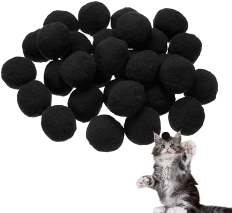 Cat Toy Pom Ball, Interactive Cat Ball Toys Fuzzy Pompoms (Plush, 1.2Inch, 30Pcs, Black) for Kittens Pet Enrichment Training Play Indoor