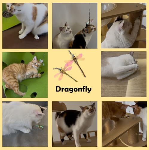 Cat Insect Feather Toys Replacement - 4 Pcs Handmade Natural Dragonfly - Cat Toy Wand Refills - Interactive Kitten Teaser Wand Attachments - Cat Toys for Indoor Cats Play