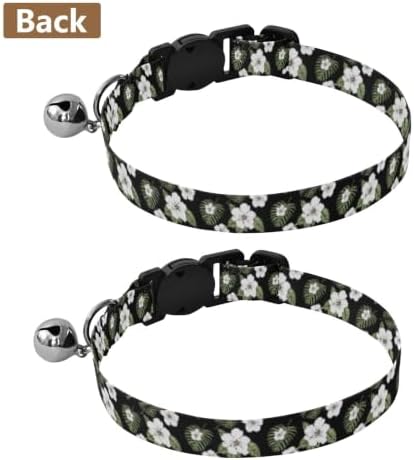 2 Pack Pet Collar Tropical Hibiscus Flowers Palm Leaf Black Dog Collar with Bell, Adjustable 10.6 to 17.1 Inches