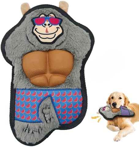 11.42 Inch Grey Gorilla Squeaky Dog Toy with TPR Muscles, Plush Chew Toy for Puppy Teething, Interactive Tough Toy for Small Medium Large Dogs