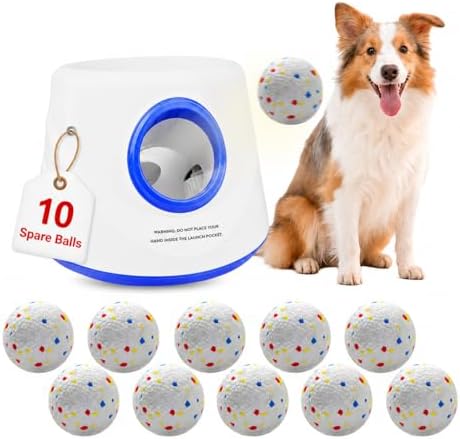 Dog Ball Launcher, Chuck It Ball Launcher, Dog Balls Thrower with 10 2.28-inch Balls, 3 Adjustable Distances, Indoor/Outdoor Toy for Small/Medium Dogs, Rechargeable