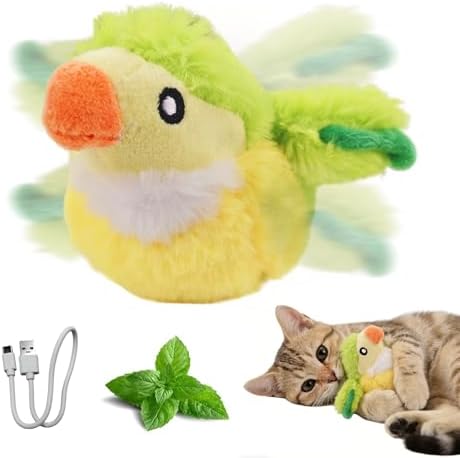 Puffluv Flapping Cat Toy,Interactive Parrot Green Flapping Bird CAN NOT Fly,Auto Chirping & Beating Wings 4 Modes, USB Charging with Catnip for Indoor Kittens Active Fun-GreenBird