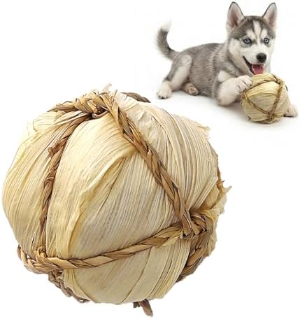 Natural Dog Chew Toy, 1pcs Woven Grass Chew Ball for Dogs, Dental Teething Toy & Interactive Fetch Toys, Outdoor Rattan Digestible Chew Ball for Boredom Relief - Seaweed & Corn Husk