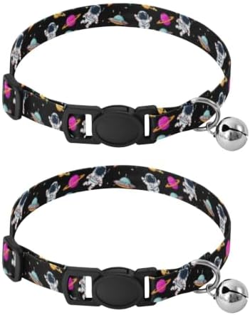 Space Astronaut Rockets Black Breakaway Cat Collars with Bell 2 Pack Puppy Collar Adjustable 10.6 to 17.1 Inches