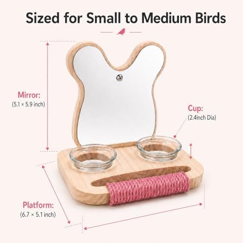 Bird Mirror with Perch and Feeder, Wooden Birds Toys Bird Cage Accessories for Parrots to Expend Energy, Interactive Toys for Greys Amazons Parakeet Cockatiel Conure Lovebirds Finch Canaries