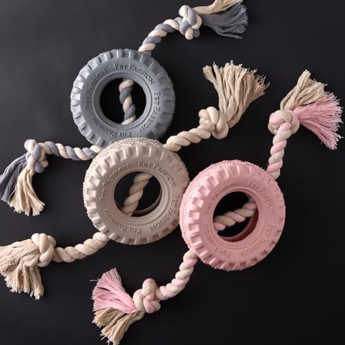 Pet Passion Natural Rubber Tire and Organic Cotton Rope Pull and Chew Dog Toy for All Pet Breeds, Almond Milk, Large