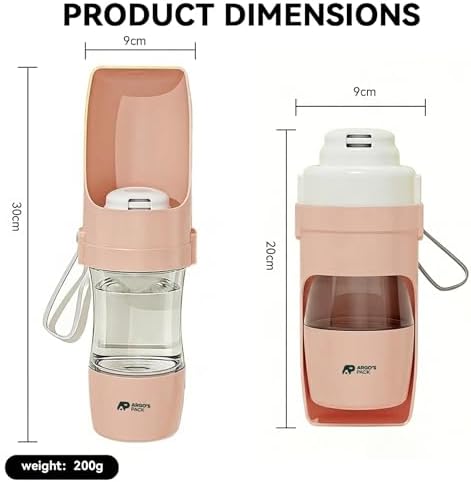 Argo's Pack 2-in-1 Portable Dog Water Bottle with Food Container, 250ml Water + 180ml Food, Foldable Bowl, Leak-Resistant Travel Dispenser for Walking & Hiking (Pink)