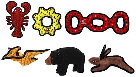 TUFFY® 6 Pack Lobster Dinosaur Rabbit Gear Ring Bear 3Way Tug Dog Toys