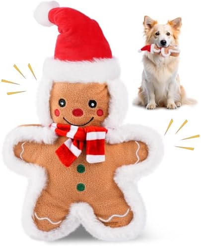 13.4'' Christmas Squeaker Dog Toys Stuffed Gingerbread Man Dog Plush Chew Toys Holiday Stocking for Small, Medium, Large Dogs Breed