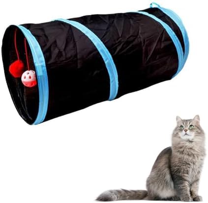 Cat Play Tunnel - Collapsible & Portable Cat Tube with Crinkly Material, Pompom/Sound Ball, Combinable Design for Indoor Cats Rabbits Hunting Fun (Black)