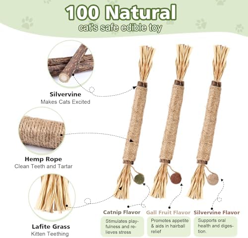 WOUSEDO 7 Pack Silvervine Sticks Cat Toy with Catnip & Matatabi Ball