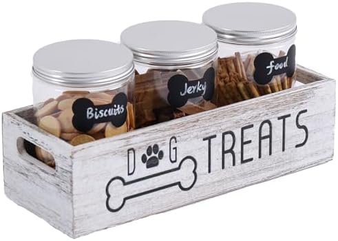 Dog Treat Container with 3 Airtight Jars, Wooden Pet Food Organizer