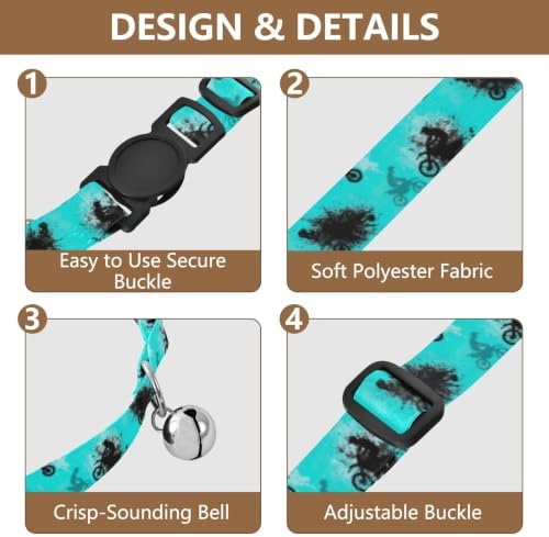 Motorbike Riders Cyan Lightweight Pet Collar for Cats and Dogs, 2 Pack Breakaway Cat Collars with Bell
