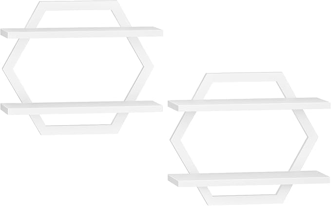 Hexagon Floating Shelves for Wall, Set of 2, 2 -Tier Hanging Shelves, Wall Mounted Storage Shelves, for Living Room, Bedroom, Kitchen, Home Office, Study, White TBJ06P2WB
