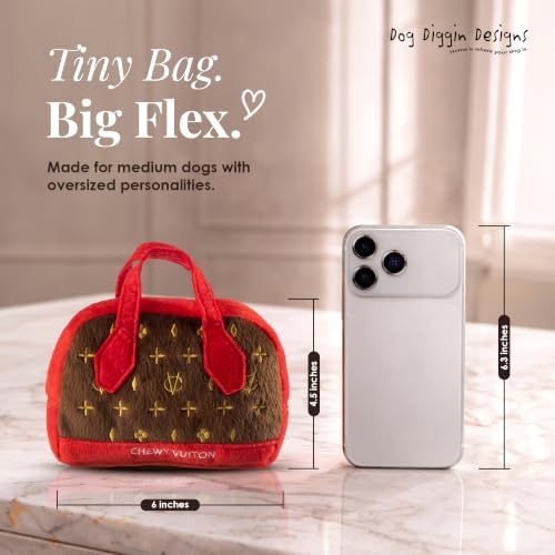 Dog Diggin Designs Chewy Vuiton Posh Purse Plush Dog Toy | Luxury-Inspired Parody Designer Handbag with Squeaker, Soft Plush Fashion Dog Toy – Haute Couture Purses & Handbags