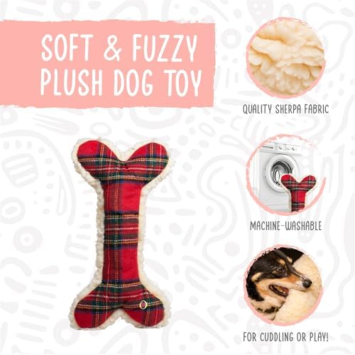 HuggleHounds Tartan Tidings Plush Bone Dog Toy - Dog Fuzzy Bone Toy, Soft Fleece, Durable, Stuffed Plush for Large Breeds, Puppies, Faux Sheepskin - 24" (1 Pack)