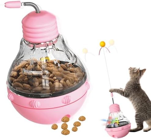Cat Interactive Toy, Slow Food Dispenser Feeder, Tumbler Design with Teaser Wand & Glowing Ball, Funny Kitten Treats for Indoor Cats Exercise and Boredom Relief (Pink)