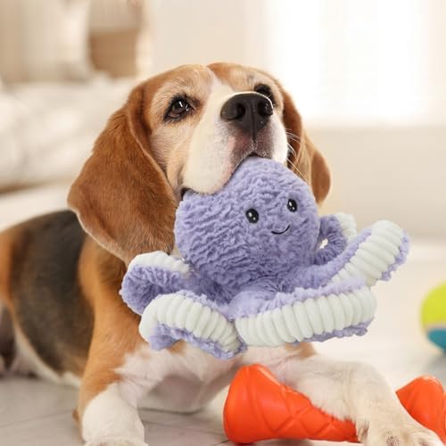 Linzy Plush Octopus Dog Toy, Soft Crinkle Squeaky Chew Toy for Small Medium Large Dogs, Purple and White Tentacles, Interactive Pet Toy, 18 Inch