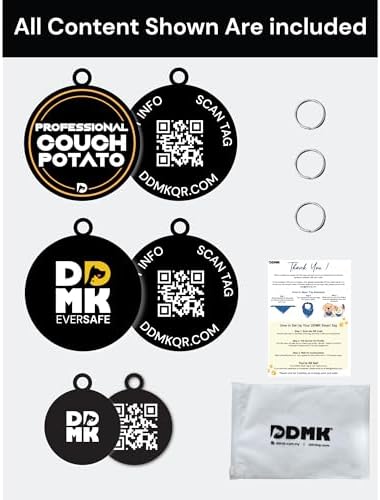 DDMK Smart Pet Tag Set | Includes 3 Tags | QR Code for Instant Alerts | Custom Pet Profiles | Durable & Waterproof | No Subscriptions or Fees |11-Professional Couch Potato