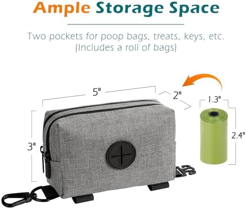 PetBonus Dog Poop Bag Holder, Portable Pet Waste Bag Dispenser, 2 Pouches for Treats and Walking Accessories, Fit All Leashes, Includes 1 Roll of Dog Poop Bags (Grey)
